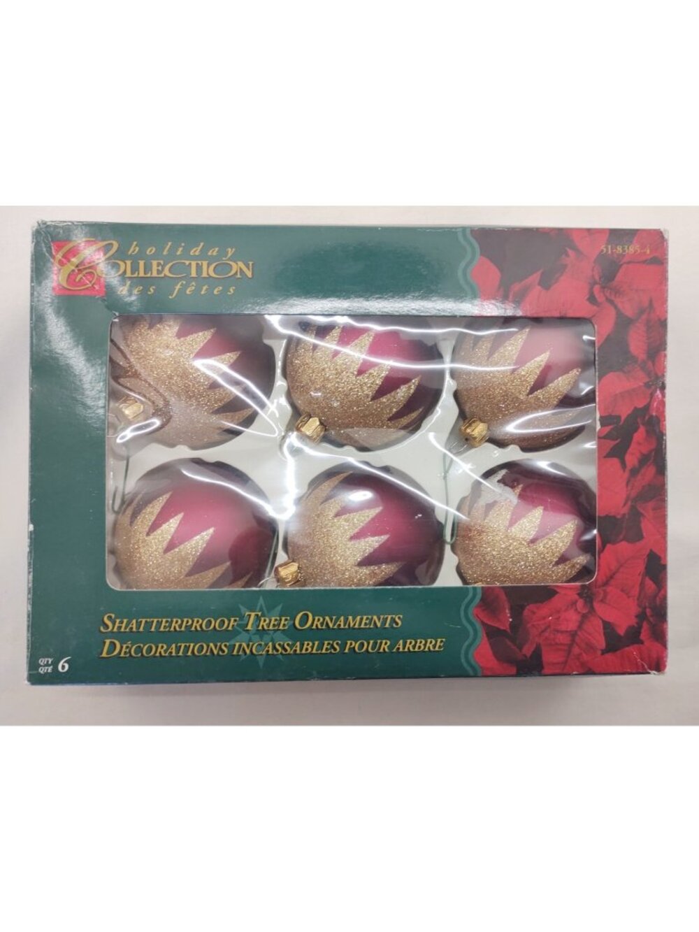 Holiday Collection Shatterproof Christmas Ornaments Set 11 Burgundy Gold Glitter